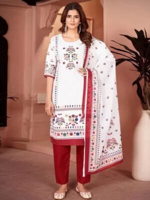 Women Linen Kurta Pant Dupatta Set Red