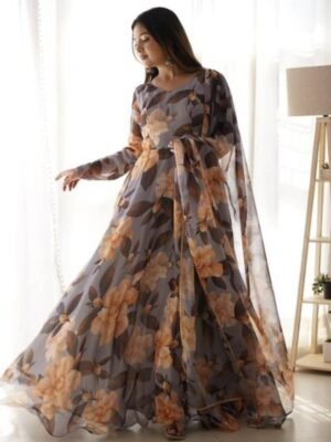 Party Wear Grey Faux Georgette Printed Anarkali Gown