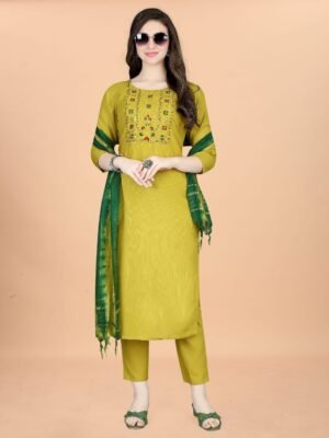 Women Cotton Blend Kurta Pant Dupatta Set Yellow