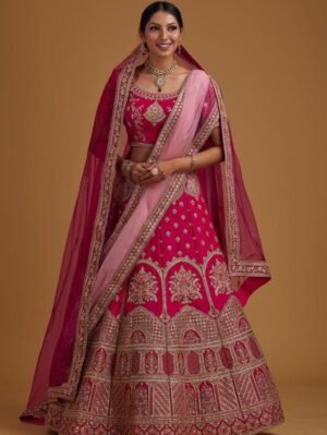 Delemont Women's Jacquard Semi-Stitched Lehenga choli Set | Latest Bridal Lehenga Choli With Blouse And Dupatta printed Lehenga choli set Search this page Rani Pink