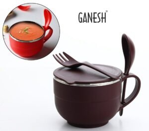 Ganesh Stainless Steel Noodle&Soup Bowl with Handle&Spoon,Airtight&Leak Proof Bowl for Pasta,Soup,Rice,Maggie Food Container for Use in Kitchen,School,Office,Travel (Multicolor),500 Milliliter