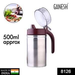 Ganesh Steel Stainless Oil Dispenser Bottle Cooking Olive Oil Container for Kitchen with Handle Dust Free Cap Cover & Leak Proof Oil Bottle Oil Pot Pourer Jar Oil Cans (500 ml)