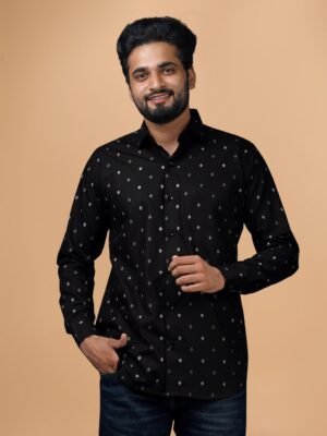 Men Slim Fit Printed Spread Collar Casual Shirt Black