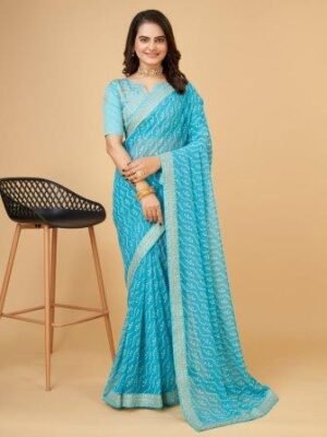 Bandhani Printed Saree - Sky Blue