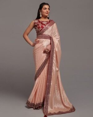 Zari Embroidered Chinnon Saree Peach