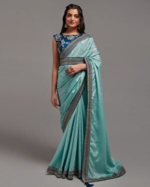 Zari Embroidered Chinnon Saree Sky Blue