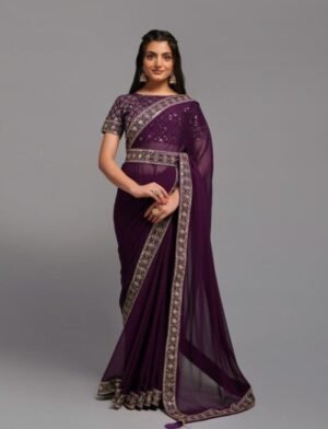 Purple Chinnon Party Wear Saree