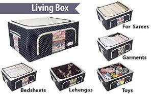 66 LTR Foldable Steel Frame Cloths Zip Organizer Bag and Oxford Fabric Storage Living Cover Boxes For Wardrobe Shelves Clothes, Sarees, Bed Sheet, Blanket, Cosmetic Organizer, Top and Front Zipper Open Bags