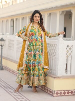 TRADITIONAL FUNCTION SPECIAL RUSSIAN SILK WITH EMBROIDERY ZARI SEQUINS-WORK ANARAKLI STYLE LONG GOWN STYLE KURTI COLLECTION AT BEST RATE