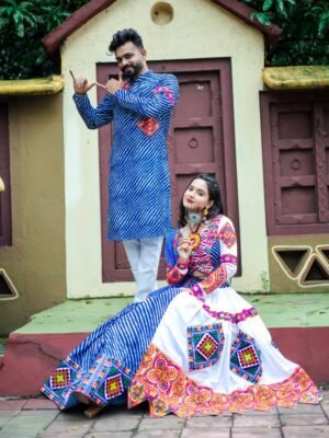 Blue Color Navratri Couple Combo With Kutchi Work and Real Mirror Women Lehenga With Mens Kurta