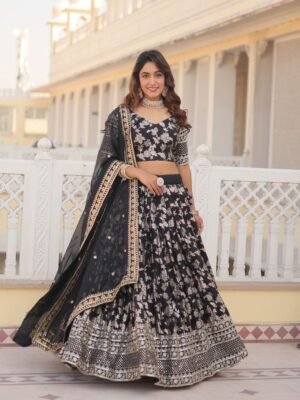 Black Designer Dyeable Pure Viscose Jacquard Fabric Lehenga Choli & Dupatta Set