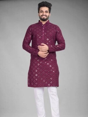 Men Embroidered Cotton Blend Straight Kurta (Purple)