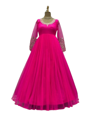 Pink soft net thread sequence work evening gown