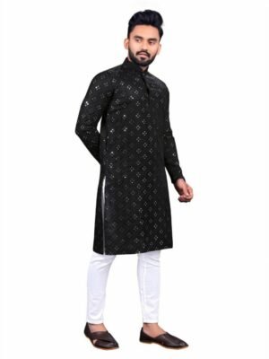 Men Chikan Embroidery Cotton Rayon Straight Kurta (Black)