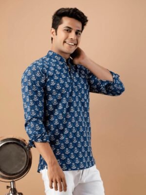 NNC NEW ETHNIC PRINTED FULL SLEEVES COTTON BLEND SHORT SHIRT KURTA FOR MEN