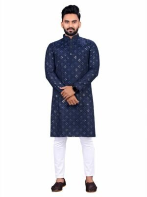 Embroidered Mirror Work Mens Kurta (Blue)