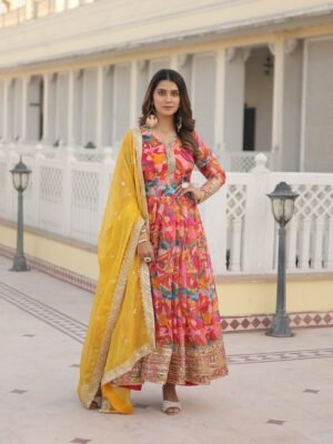 TRADITIONAL FUNCTION SPECIAL RUSSIAN SILK WITH EMBROIDERY ZARI SEQUINS-WORK ANARAKLI STYLE LONG GOWN STYLE KURTI COLLECTION AT BEST RATE Pink