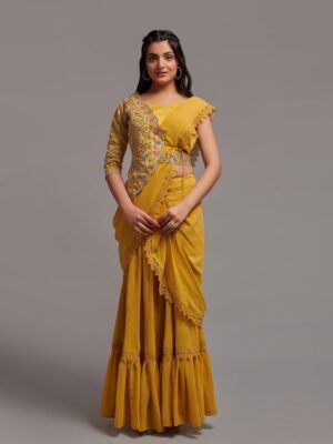 Georgette Wedding Readymade Saree in Yellow with Thread work