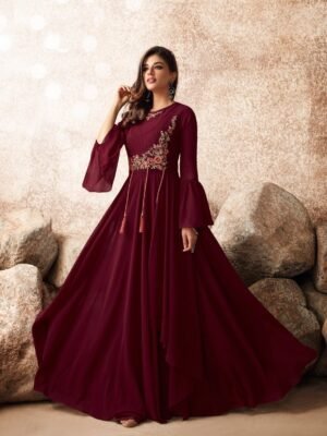 Women's Georgette Traditional Ethnic Long Dress with Round Neck & Full Sleeve Embroidery Work Gown