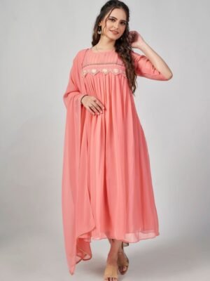 Women Georgette Kurta Dupatta Set (Peach)