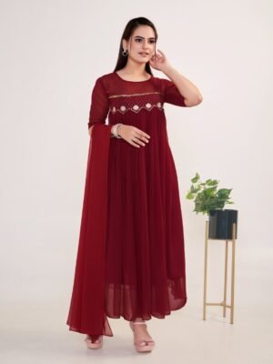 Women Georgette Kurta Dupatta Set (Maroon)