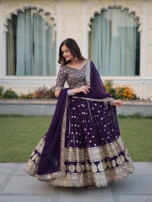 Wine Sequined Faux Georgette Lehenga Choli Set with Dupatta