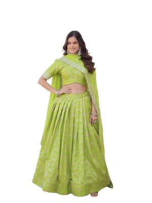 Astonishing Green Embroidered Jacquard Wedding Wear Lehenga Choli