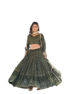 Mustard Green Embroidered Faux Georgette Lehenga Choli