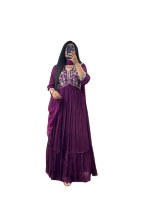 EMBROIDERED WORK FAUX GEORGETTE GOWN-Purple