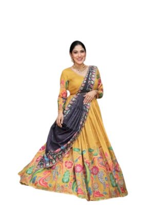 Impressive Yellow Kalamkari Printed Dola Silk Traditional Lehenga Choli