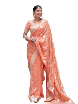 Ethnic Motifs Woven Design Zari Silk Cotton Banarasi Saree Orange