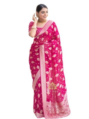 Ethnic Motifs Woven Design Zari Silk Cotton Banarasi Saree Rani Pink