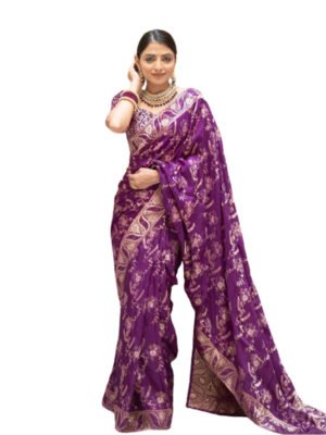 Women's Banarasi wedding and Partyware Fancy design Lichi Silk Saree With Blouse Piece Purple