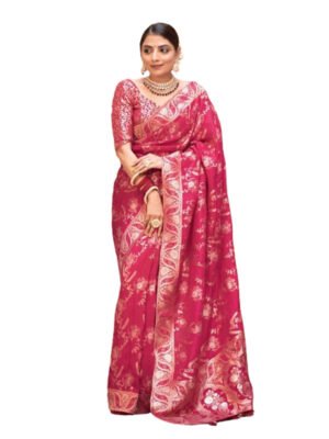 Women's Banarasi wedding and Partyware Fancy design Lichi Silk Saree With Blouse Piece Rani Pink