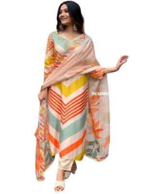 GoSriKi Women's Cotton Blend Straight Printed Kurta with Pant & Dupatta (Dhimi Orange-GS_S_Orange_Small)