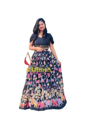 Chinon Printed Crop Top Lehenga With Blouse-Black