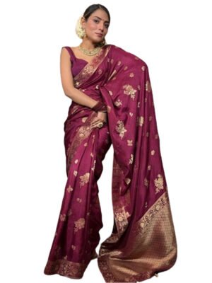 Wine Banarasi Soft Silk Zari Work Saree