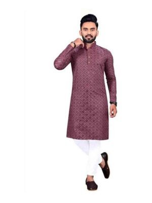 Heavy Cotton Slub with Mirror Work Kurta for Men All Types of Functions Pack of 1 (Maroon)