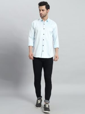 Men Plain Satin Slim Fit Party Wear Sky Shirt