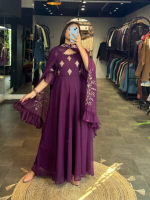 Embroidered Georgette Crepe Stitched Anarkali Gown Wine