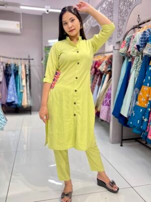 Pista Yellow Designer Kurta With pant Set