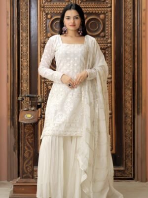 Stylish Embroidered Work White Color Sharara Suit