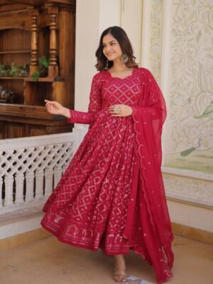 Embroidered Georgette Abaya Style Suit in Pink