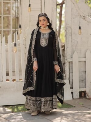 Alluring Black Sequins Georgette Reception Wear Gown With Dupatta