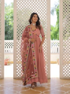 Peach Color Sequins Gown in Georgette With Print Dupatta Indian Dresses