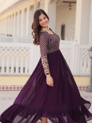 Wine Colour Designer Fancy Partywear Gown With Dupatta With Graceful Bollywood Looks