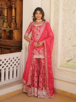 Glamorous Rani Pink Embroidered Jacquard Function Wear Sharara Suit