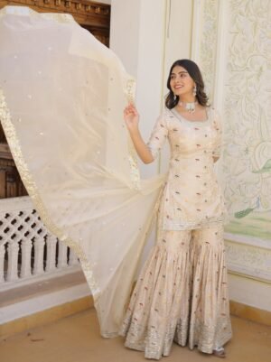 Glamorous Off-White Embroidered Jacquard Function Wear Sharara Suit