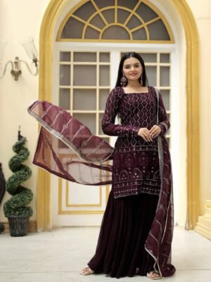 Stylish Embroidered Work Wine Color Sharara Suit